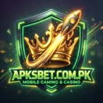 APKSBET.COM.PK logo featuring a glowing shield, golden crown, and a launching rocket on a dark background.