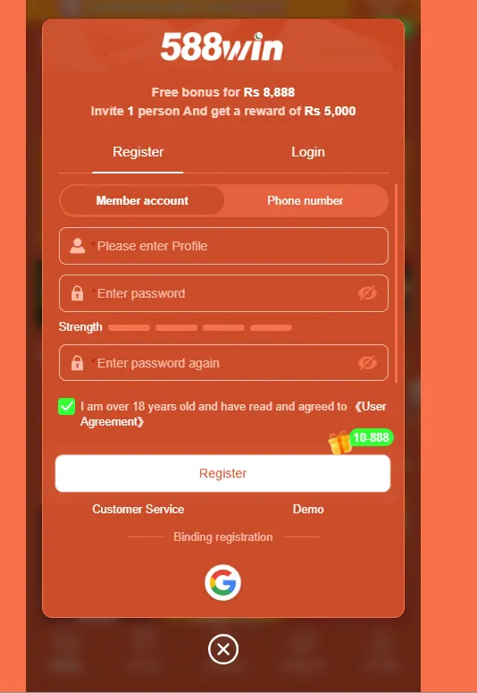 Screenshot of the 588win game registration and sign-up page showing account creation fields, welcome bonus offers, and Google login options.