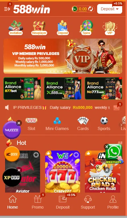 
 Screenshot of the 588win game home page and main dashboard displaying game categories, VIP salary banners, and navigation options.