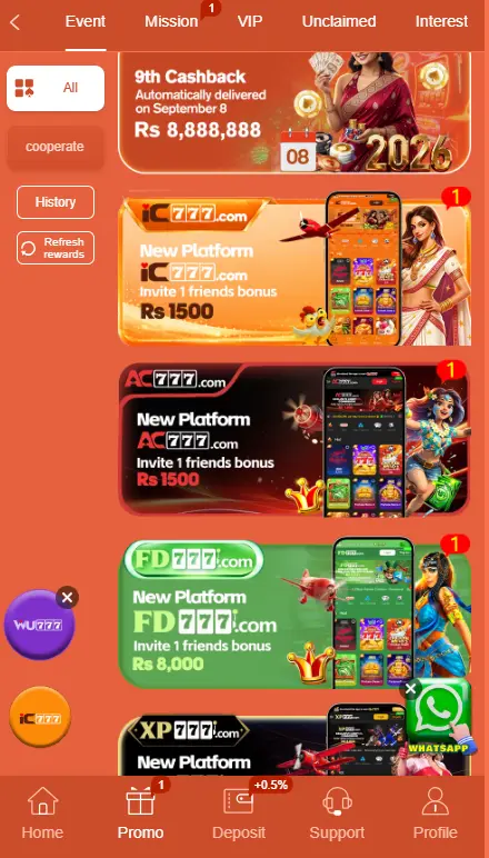 588win game promotion and event page displaying cashback offers, referral bonuses, and partner platform banners.