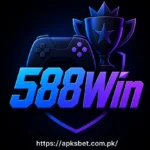 Official 588Win game logo featuring a gaming controller, champion trophy, neon blue-purple typography, and apksbet.com.pk branding.