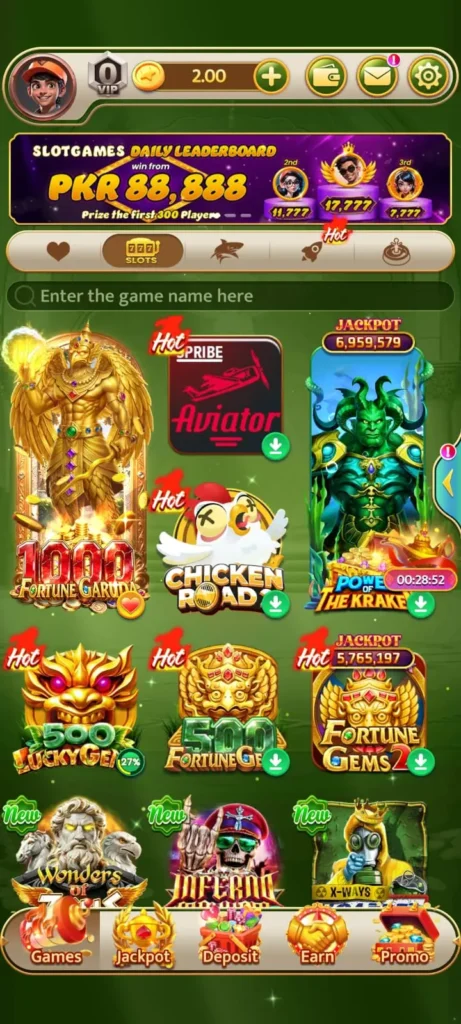 Screenshot of PakSuper Game mobile app featuring various slot games like Fortune Garuda, Aviator, and daily jackpot leaderboards.